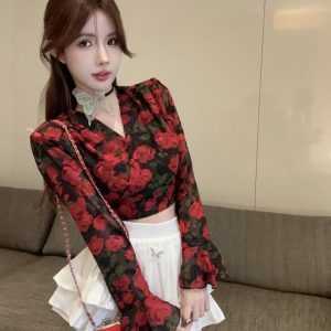 Flared Sleeve Floral Chiffon Shirt with Bow Tie - Stylish Long Sleeve Summer Outerwear for Sun Protection