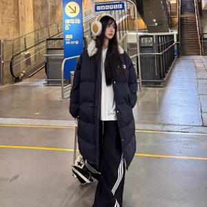Fleece-Lined Loose Mid-Length Cotton Coat for Women - Casual College Style Over-Knee Thick Jacket in American Style