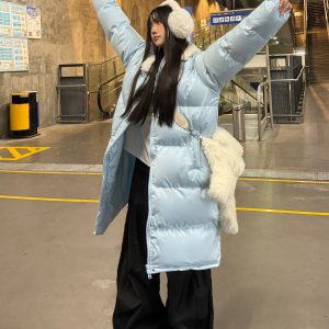 Fleece-Lined Loose Mid-Length Cotton Coat for Women - Casual College Style Over-Knee Thick Jacket in American Style