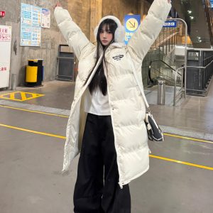 Fleece-Lined Loose Mid-Length Cotton Coat for Women - Casual College Style Over-Knee Thick Jacket in American Style