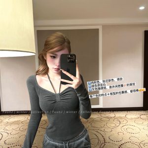 Flirty Heartwarming Women's Knitted Top - 10% Warm Ginger Fiber, Double-Sided Brushed, Waist-Defining Base Layer for Winter Fashion