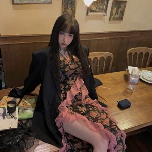 Floral Chiffon Dress for Women - Long Split Spaghetti Straps, Square Style, Desire Fire Spicy Rose, Y2K Fashion
