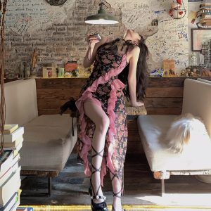 Floral Chiffon Dress for Women - Long Split Spaghetti Straps, Square Style, Desire Fire Spicy Rose, Y2K Fashion