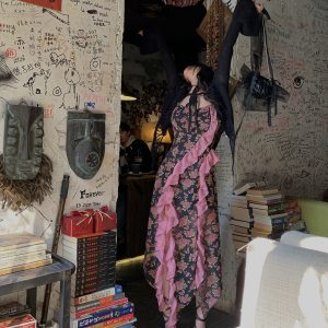 Floral Chiffon Dress for Women - Long Split Spaghetti Straps, Square Style, Desire Fire Spicy Rose, Y2K Fashion