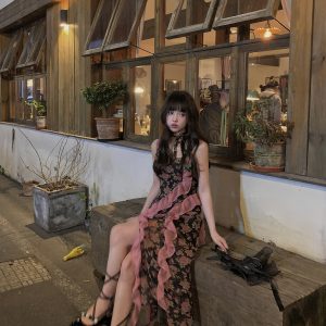Floral Chiffon Dress for Women - Long Split Spaghetti Straps, Square Style, Desire Fire Spicy Rose, Y2K Fashion