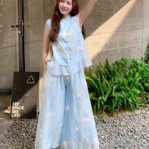 Floral Chinese-Style Two-Piece Set for Women - Summer 2025 Fresh Vest & Wide-Leg Pants Vacation Outfit