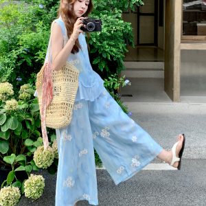 Floral Chinese-Style Two-Piece Set for Women - Summer 2025 Fresh Vest & Wide-Leg Pants Vacation Outfit