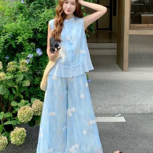 Floral Chinese-Style Two-Piece Set for Women - Summer 2025 Fresh Vest & Wide-Leg Pants Vacation Outfit