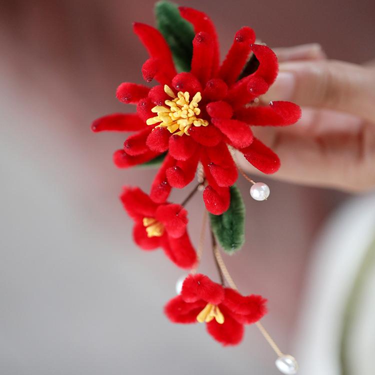 Floral Chrysanthemum Hair Clip - Imitation Velvet Hanfu Back Headpiece for Women - Autumn Winter 2024 Fashion Accessory