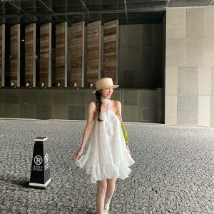 Floral Embroidered Cami Dress with Asymmetrical Shoulder, Flowing Ribbons, Ruffle Hem, and Puff Skirt - Perfect for Music Festivals and Y2K Style