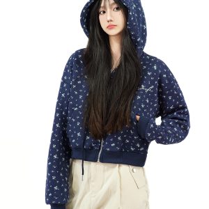 Floral Embroidered Hoodie Jacket for Women - Vintage American-Style Casual Cardigan, Short Design, Perfect for Lazy Days