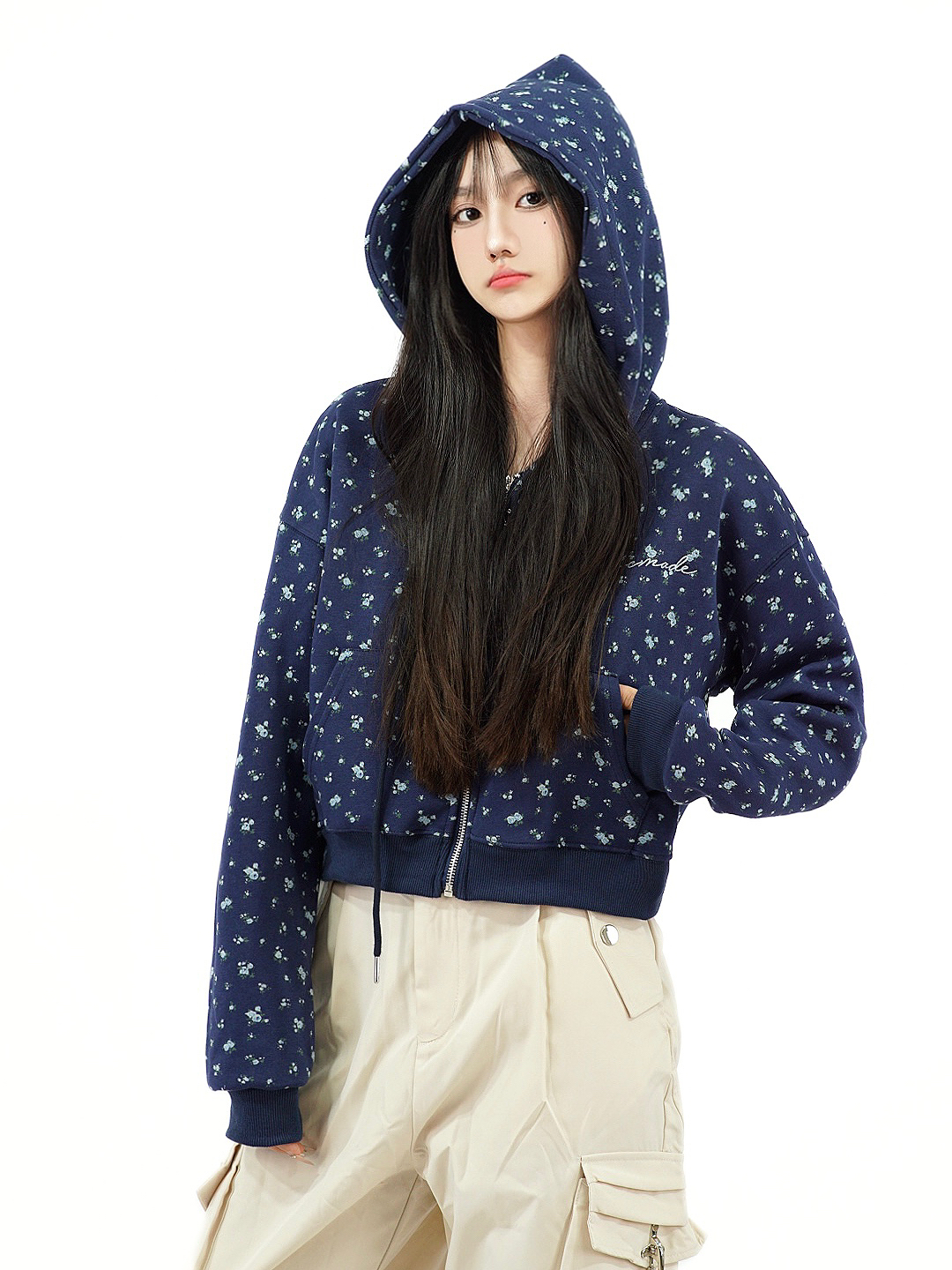 Floral Embroidered Hoodie Jacket for Women - Vintage American-Style Casual Cardigan, Short Design, Perfect for Lazy Days