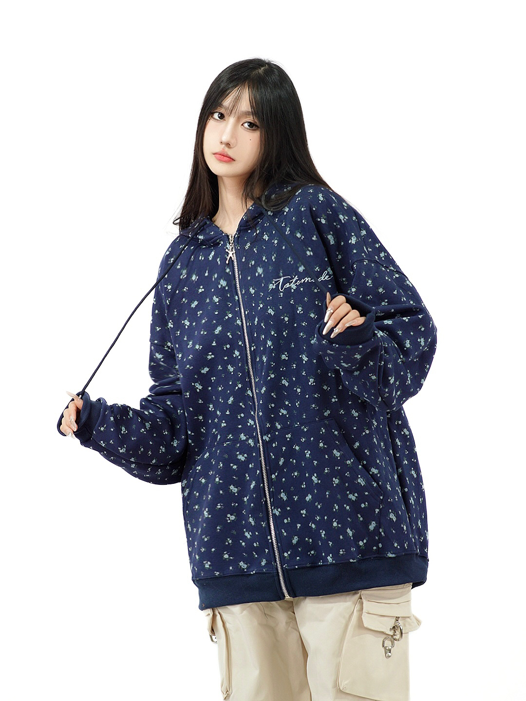 Floral Embroidered Hoodie Jacket for Women - Vintage American-Style Casual Cardigan, Short Design, Perfect for Lazy Days