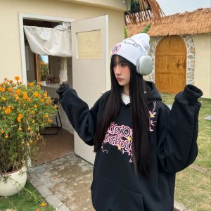 Floral Embroidery Hoodie for Women - Loose Casual Sweatshirt, Spring Style, National Trend, 90s Inspired American Fashion