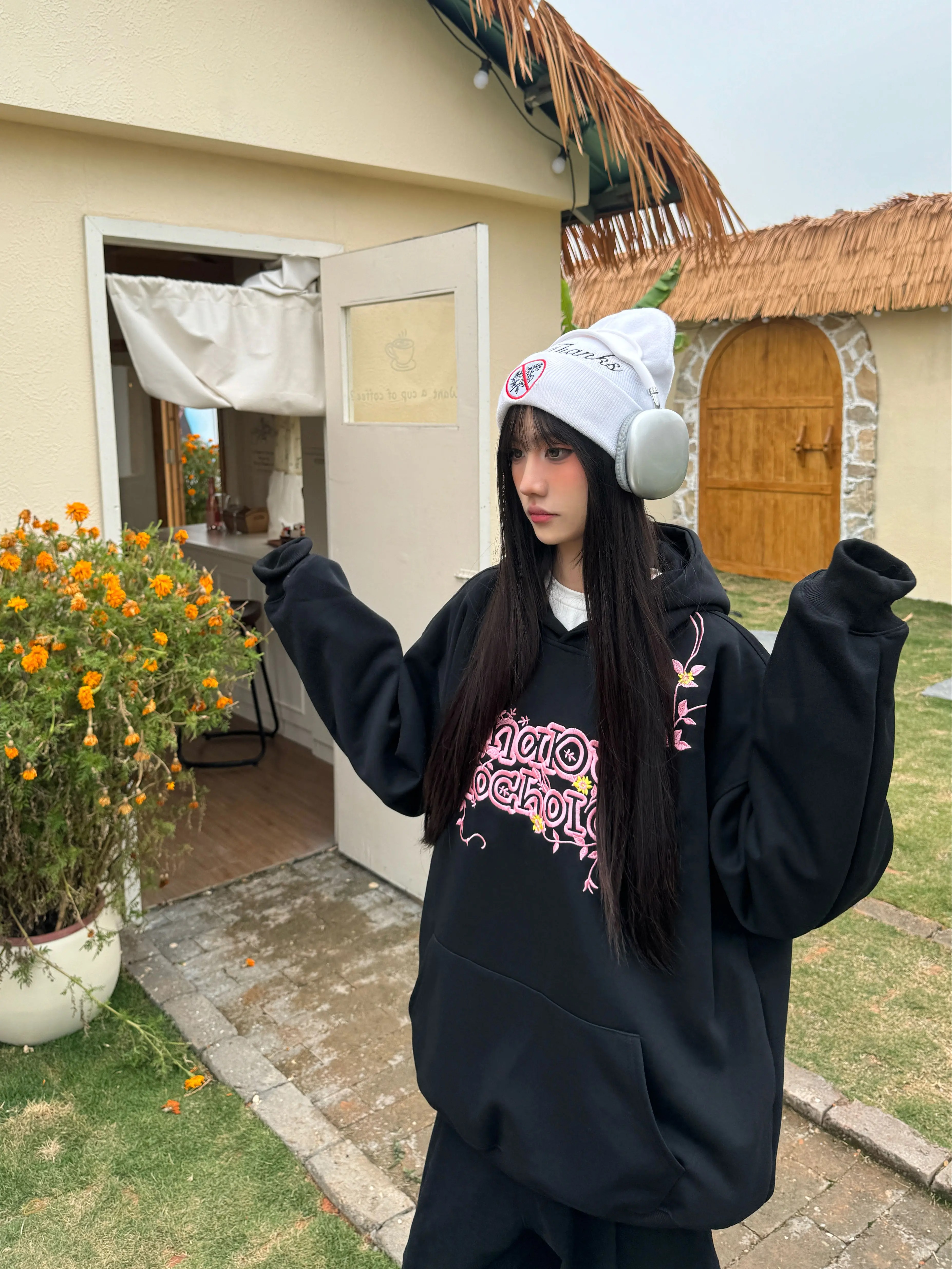 Floral Embroidery Hoodie for Women - Loose Casual Sweatshirt, Spring Style, National Trend, 90s Inspired American Fashion