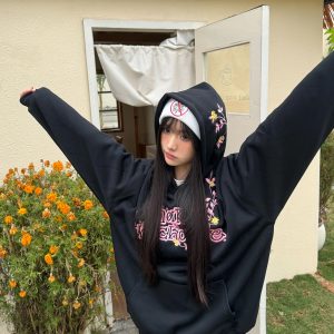 Floral Embroidery Hoodie for Women - Loose Casual Sweatshirt, Spring Style, National Trend, 90s Inspired American Fashion