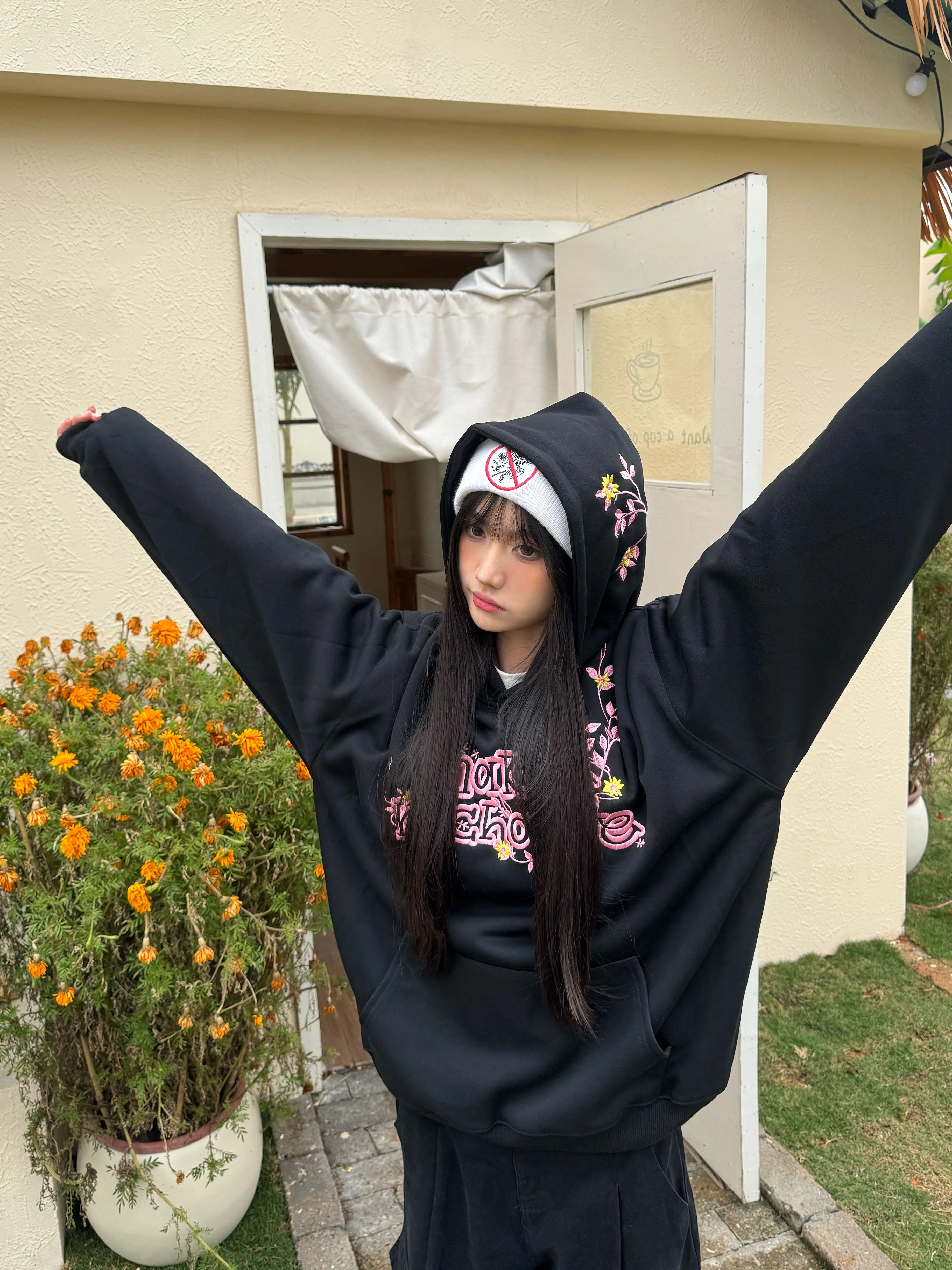 Floral Embroidery Hoodie for Women - Loose Casual Sweatshirt, Spring Style, National Trend, 90s Inspired American Fashion