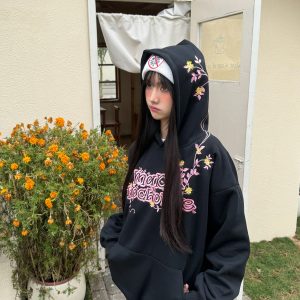 Floral Embroidery Hoodie for Women - Loose Casual Sweatshirt, Spring Style, National Trend, 90s Inspired American Fashion