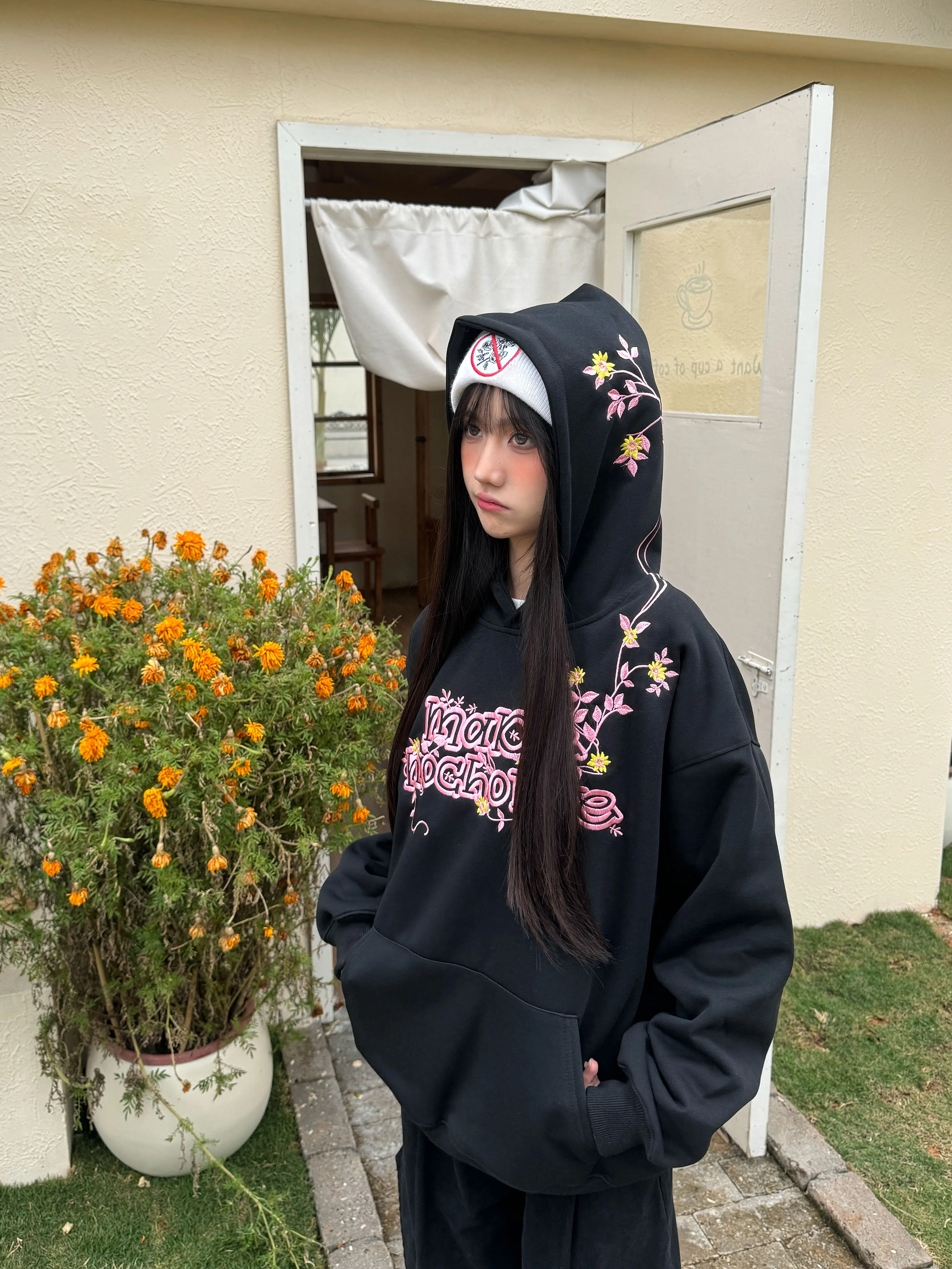 Floral Embroidery Hoodie for Women - Loose Casual Sweatshirt, Spring Style, National Trend, 90s Inspired American Fashion