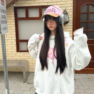 Floral Embroidery Hoodie for Women - Loose Casual Sweatshirt, Spring Style, National Trend, 90s Inspired American Fashion