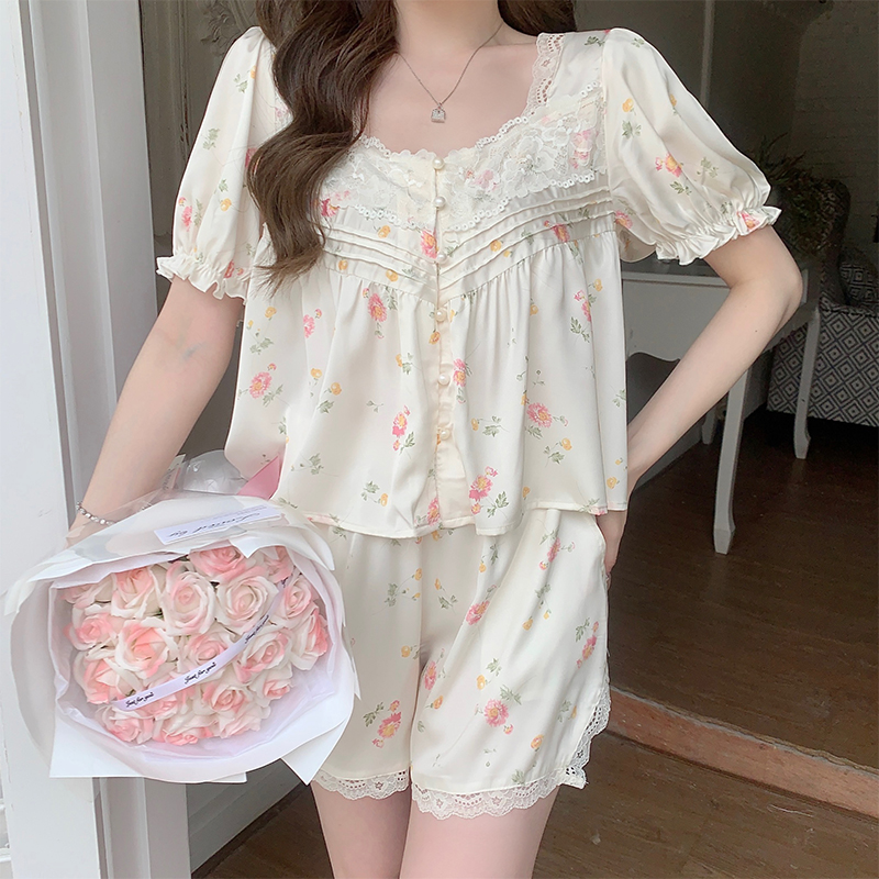 Floral Ice Silk Pajamas Set for Women - 2025 Summer Short Sleeve & Shorts Two-Piece Homewear - Lightweight Sleepwear