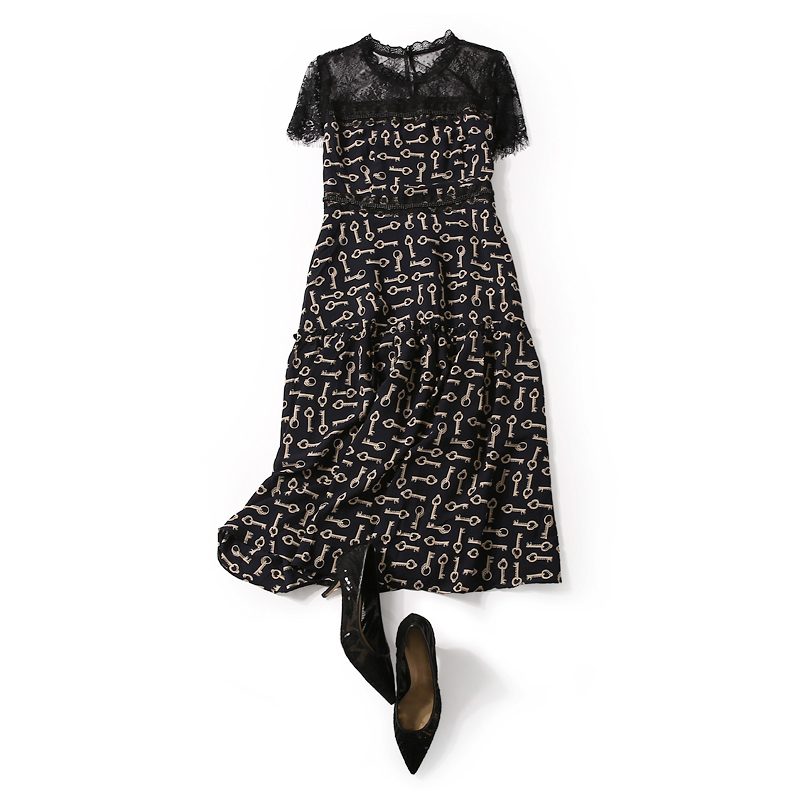Floral Lace Splicing Slim Dress with Key Pattern - Round Neck, Beaded Details, Summer Fashion, European Style