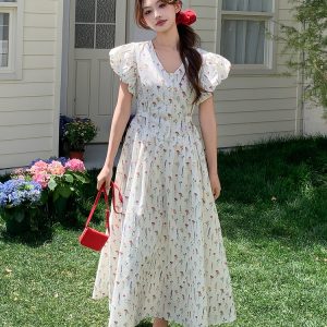 Floral Long Dress with Flutter Sleeves and Tie Waist - Age-Reducing V-Neck Summer 2025 Korean Style