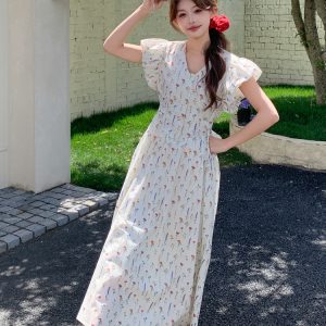 Floral Long Dress with Flutter Sleeves and Tie Waist - Age-Reducing V-Neck Summer 2025 Korean Style