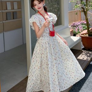 Floral Long Dress with Flutter Sleeves and Tie Waist - Age-Reducing V-Neck Summer 2025 Korean Style