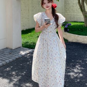 Floral Long Dress with Flutter Sleeves and Tie Waist - Age-Reducing V-Neck Summer 2025 Korean Style
