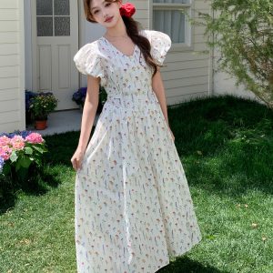 Floral Long Dress with Flutter Sleeves and Tie Waist - Age-Reducing V-Neck Summer 2025 Korean Style