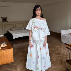Floral Off-Shoulder Short Sleeve T-Shirt - Women's Casual Summer Top with Vine Design - Vintage Inspired 90s Style