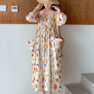Floral Puff Sleeve Dress for Women - Summer 2025 French Style Waist-Cinching Long Dress, Sweet Design, Perfect for Summer Events