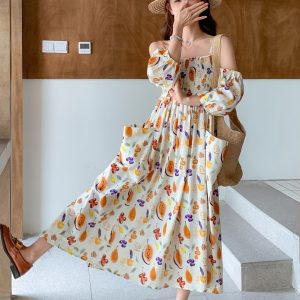 Floral Puff Sleeve Dress for Women - Summer 2025 French Style Waist-Cinching Long Dress, Sweet Design, Perfect for Summer Events