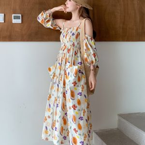 Floral Puff Sleeve Dress for Women - Summer 2025 French Style Waist-Cinching Long Dress, Sweet Design, Perfect for Summer Events