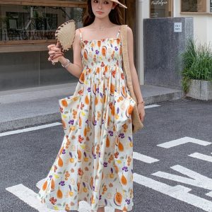 Floral Puff Sleeve Dress for Women - Summer 2025 French Style Waist-Cinching Long Dress, Sweet Design, Perfect for Summer Events