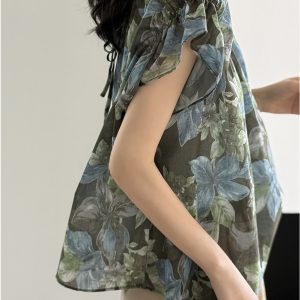 Floral Ruffled Short-Sleeve Doll Shirt for Women - 2025 Summer Loose Fit, Sun Protection, Aristocratic Style, Trendy Fashion Top