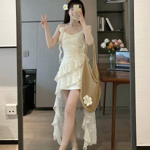 Floral Spaghetti Strap Vacation Dress with Irregular Design - Elegant Summer Princess Style