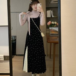 Floral Spaghetti Strap Velvet Dress - Slim Waist-Cinching Design for Early Spring, Sweet and Delicate Style, Perfect for Tea Breaks