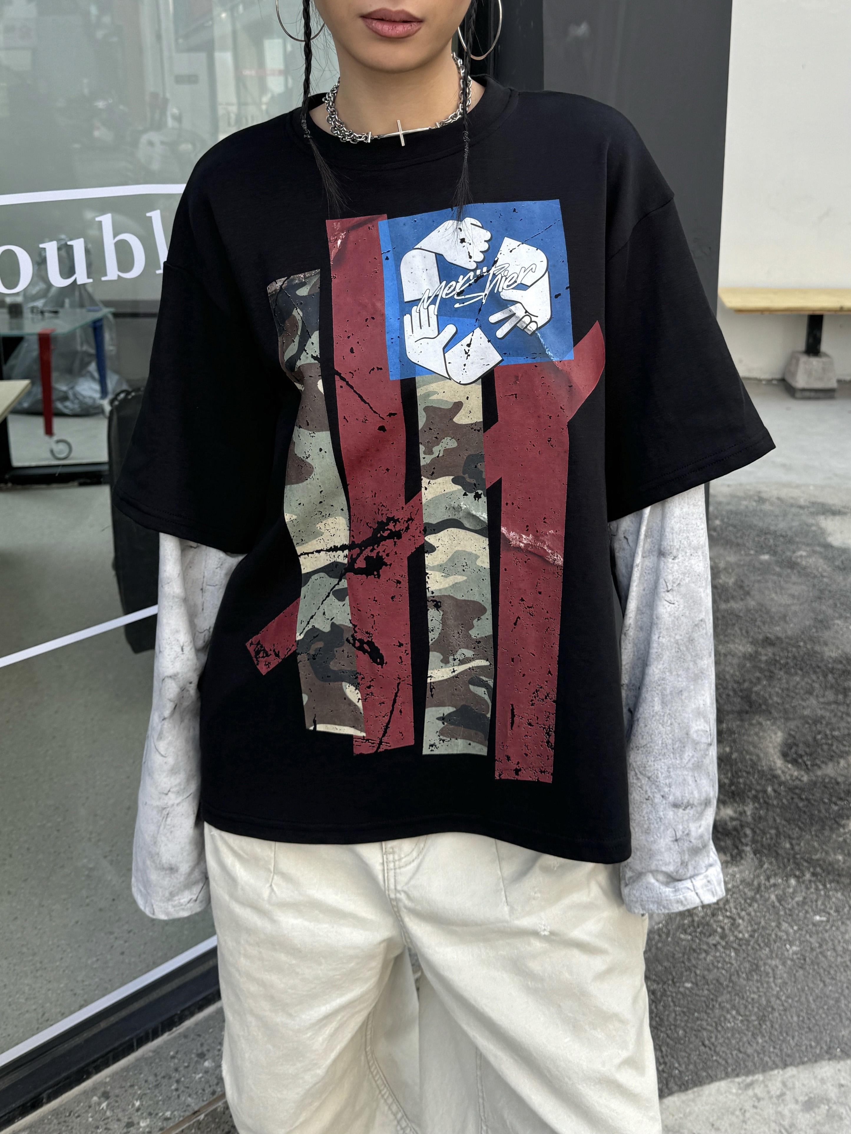 Floral Spliced Long Sleeve T-Shirt - Vintage-Inspired Loose Round Neck Top for 90s Street Style & Y2K Fashion