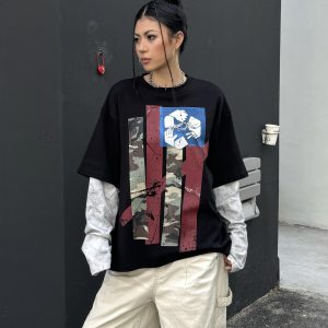 Floral Spliced Long Sleeve T-Shirt - Vintage-Inspired Loose Round Neck Top for 90s Street Style & Y2K Fashion