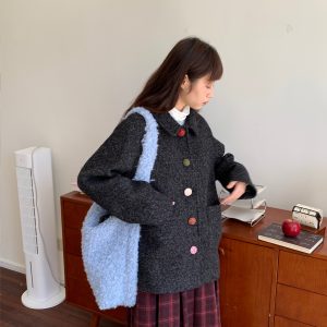 Floral Sweet Wine Handmade Wool Yarn Button Loose Coat in Mixed Gray - Trendy 90s-Inspired Wool Suit Outerwear