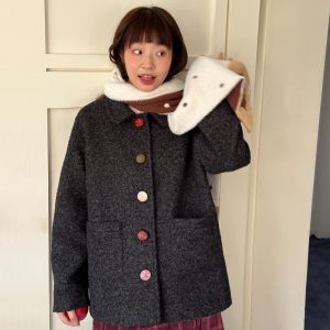 Floral Sweet Wine Handmade Wool Yarn Button Loose Coat in Mixed Gray - Trendy 90s-Inspired Wool Suit Outerwear