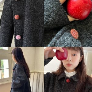 Floral Sweet Wine Handmade Wool Yarn Button Loose Coat in Mixed Gray - Trendy 90s-Inspired Wool Suit Outerwear