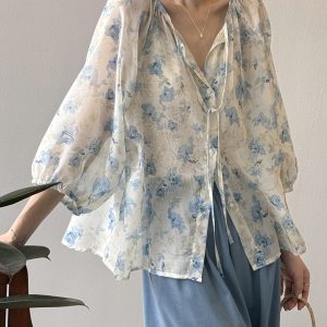 Floral Tie-Up Long Sleeve Shirt for Women, Elegant Three-Quarter Sleeve Blouse, 2025 Summer Style, Loose Fit Fashion Top