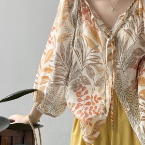 Floral Tie-Up Long Sleeve Shirt for Women, Elegant Three-Quarter Sleeve Blouse, 2025 Summer Style, Loose Fit Fashion Top