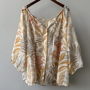 Floral Tie-Up Long Sleeve Shirt for Women, Elegant Three-Quarter Sleeve Blouse, 2025 Summer Style, Loose Fit Fashion Top