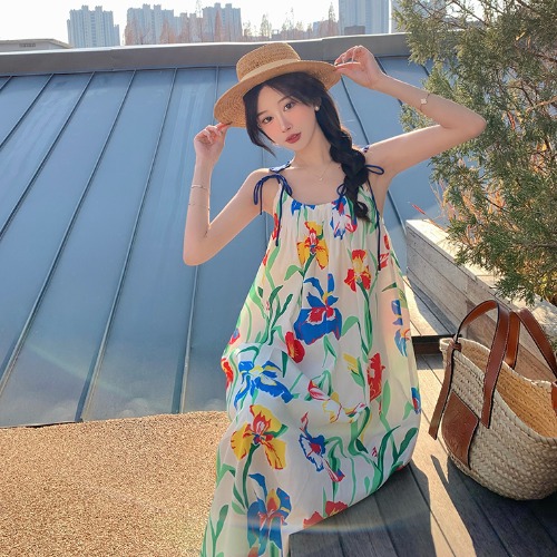 Floral Travel Photo Strap Dress - Seaside Vacation Dress for Petite Sizes, Trendy Beachwear for Summer 2023