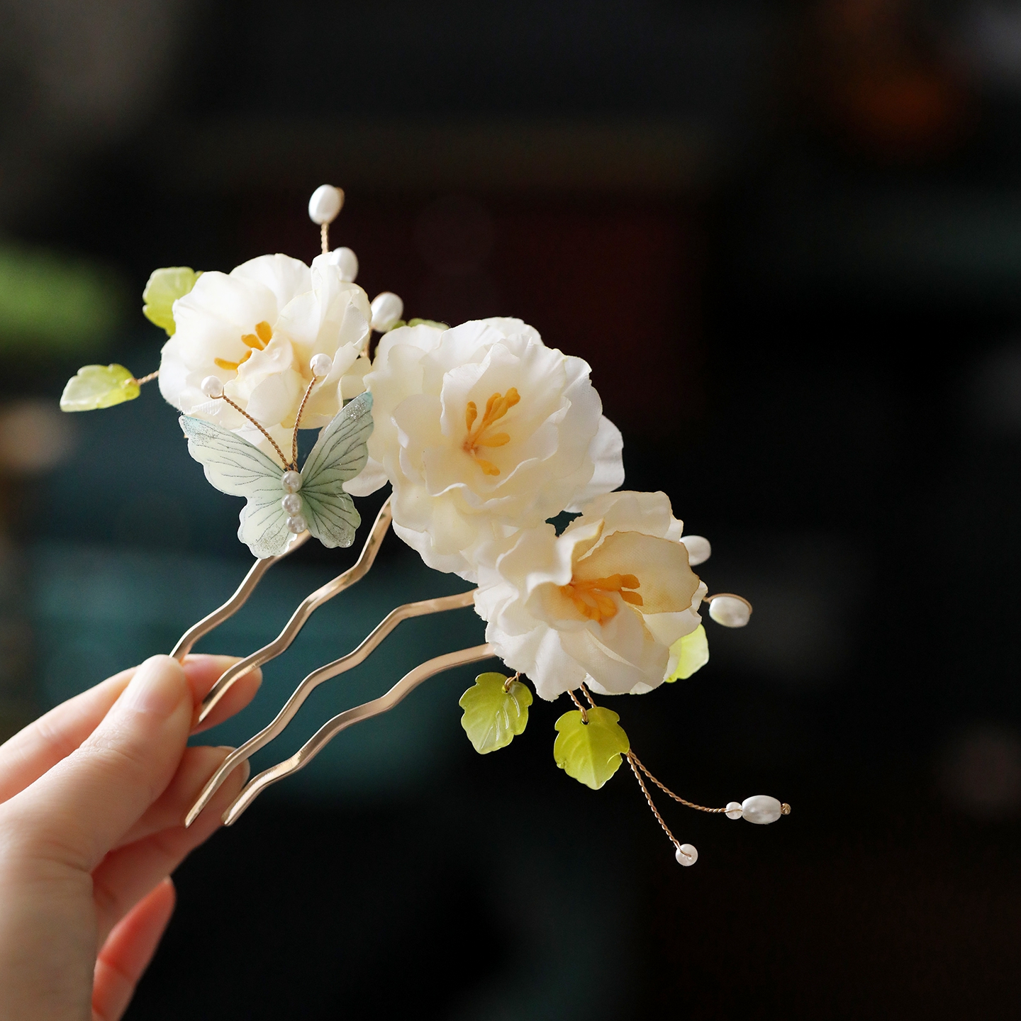 Floral U-Shaped Tang-Style Hairpin Set with Horse-Face Skirt Qipao and Coiled Hair Accessories - Ancient Style Hanfu Headdress