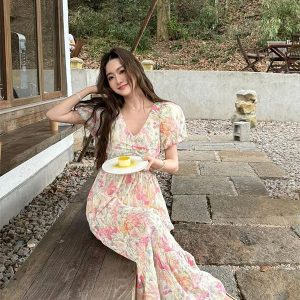 Floral V-Neck Bubble Sleeve Dress for Women - Summer Pleated Long Skirt with Temperament Style, Perfect for Y2K and Korean Fashion Trends